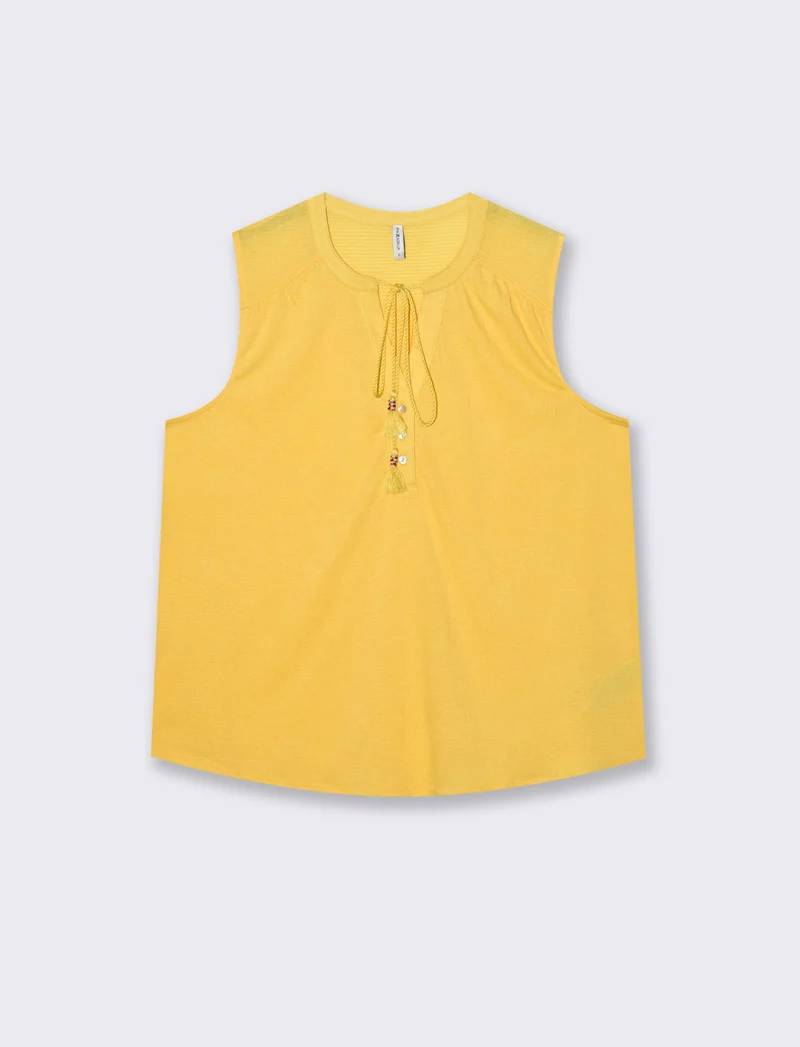 Camicia Giromanica con Scollo a V e Laccetto - Giallo limone