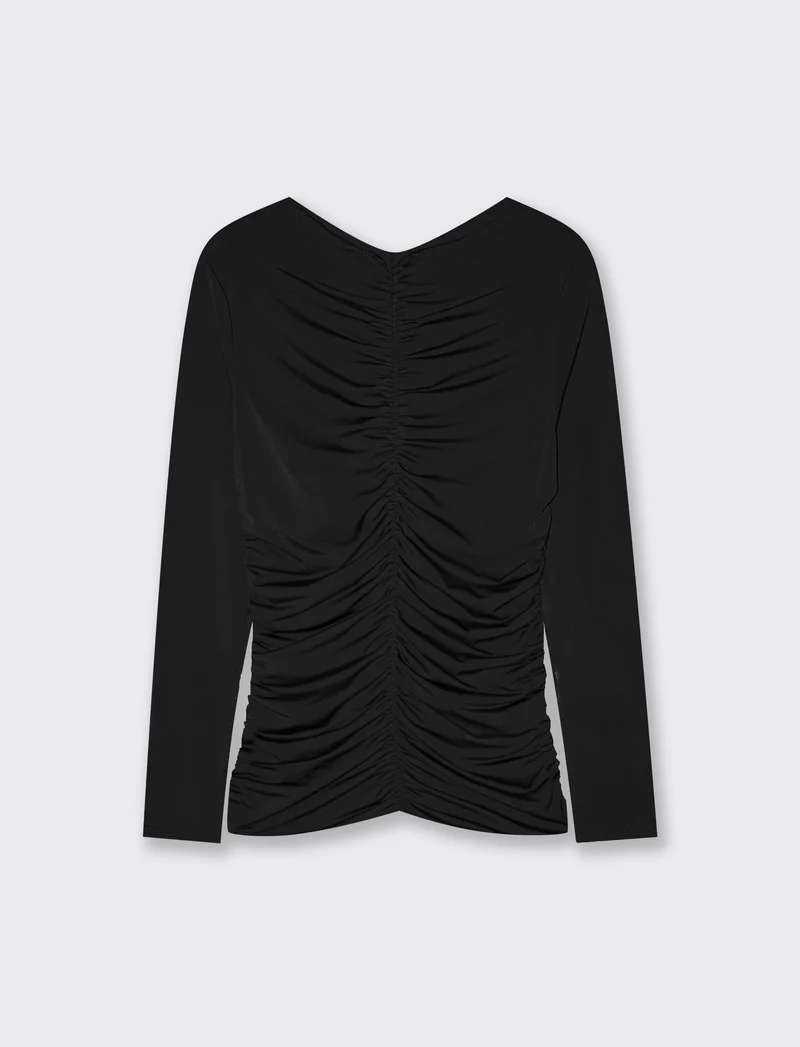 Tshirt elastica manica lunga con arriccio - Nero