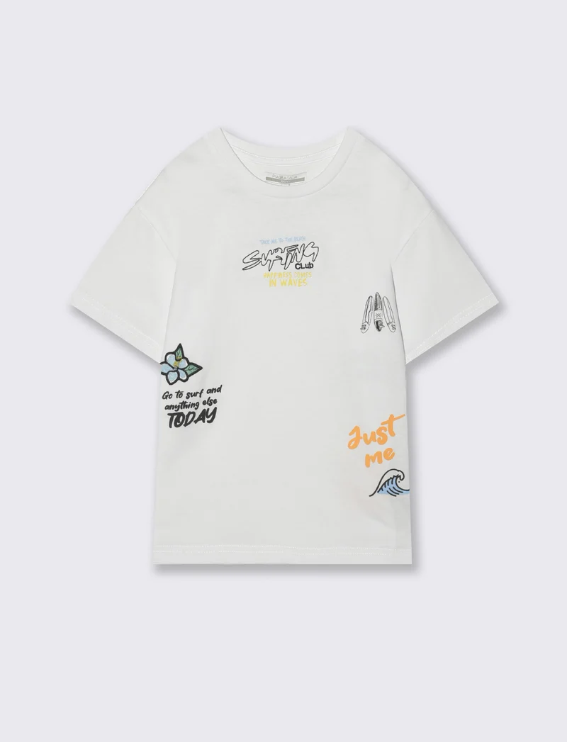 T-shirt surf con stampa e ricami - Bianco