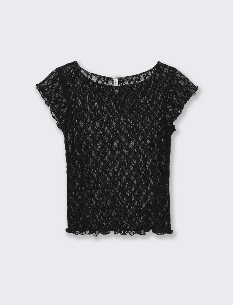 T-shirt in pizzo con scollo a barca - Nero
