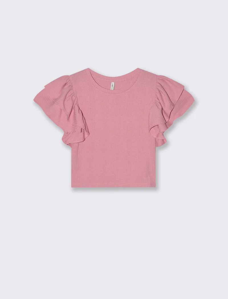 Top corto girocollo con rouches - Rosa polvere