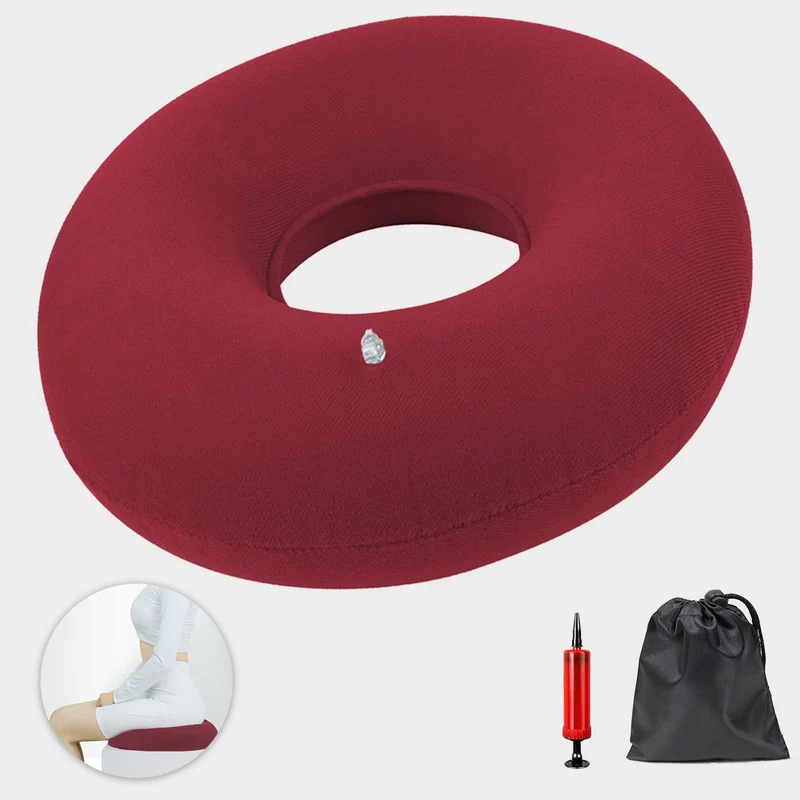 Cuscino rotondo ortopedico gonfiabile, morbido con pompa, Poliestere per emorroidi, infiammazioni, dolori al coccige, cisti, gravidanza, post-parto, colore rosso