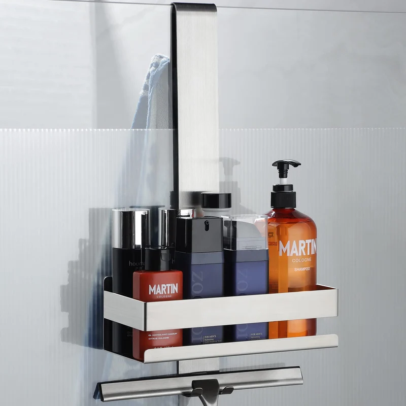 Cooeco Mensola Doccia - Portaoggetti in SUS 304 Acciaio Inox da Appendere al Porte Doccia, Porta Shampoo con Gancio, con Spessore entro 1,2 CM di Vetro
