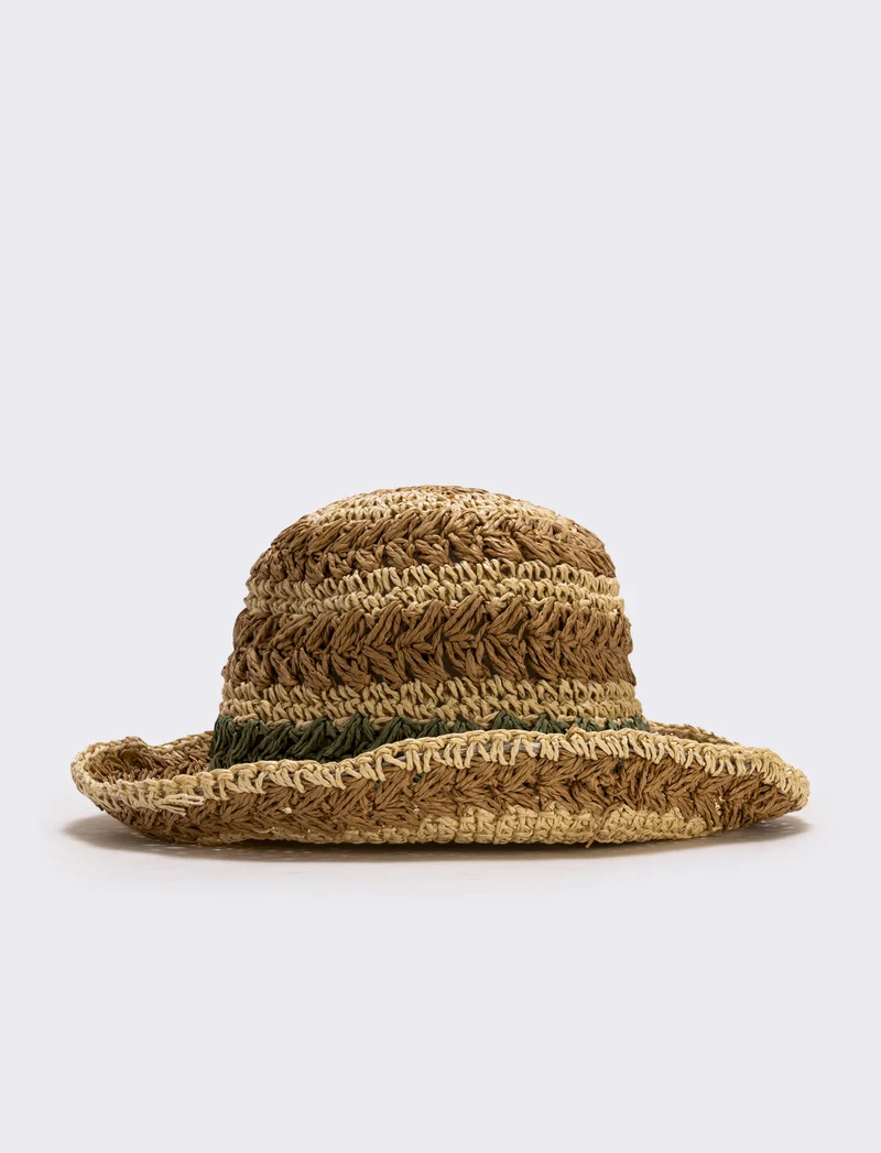 Cappello in paglia intrecciato a righe - Beige