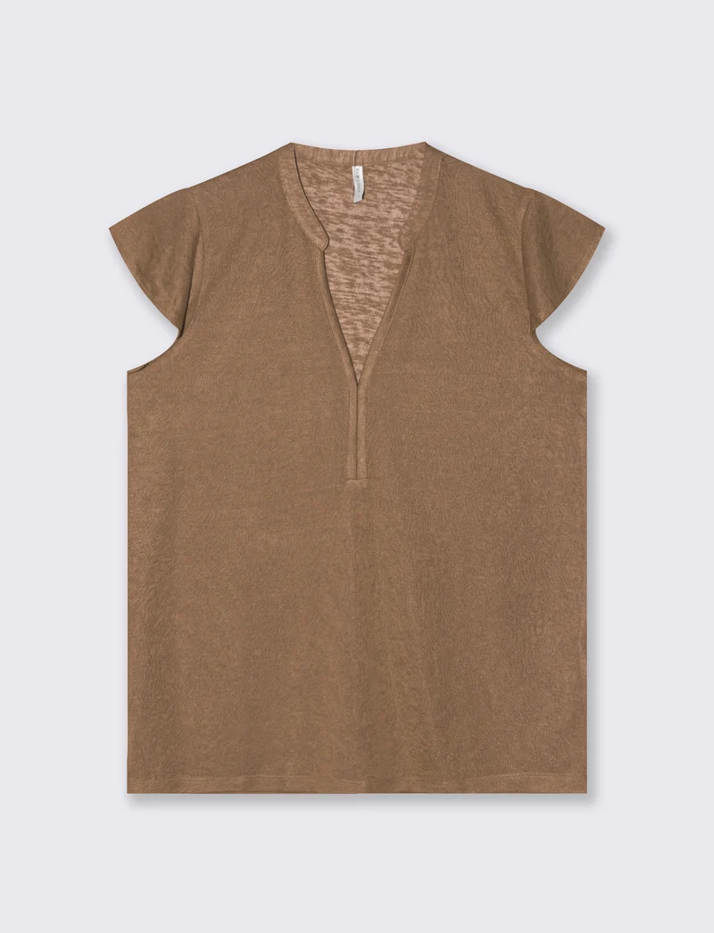 T-Shirt Scollo a V Manica Corto - Cammello