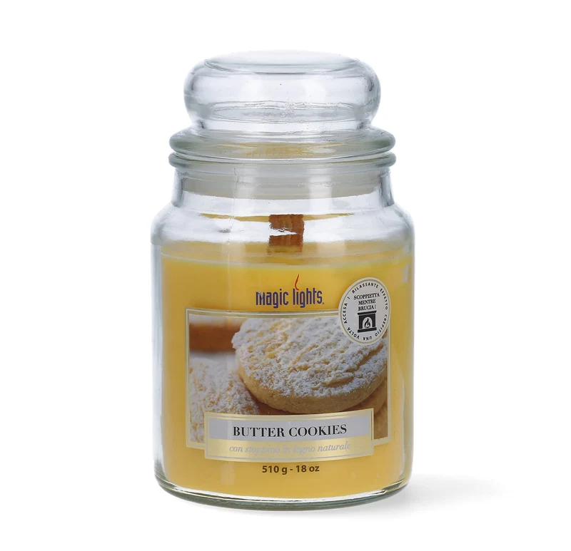 Candela giara 510 gr Vaniglia Butter Cookies con stoppino in legno naturale, Made in Italy