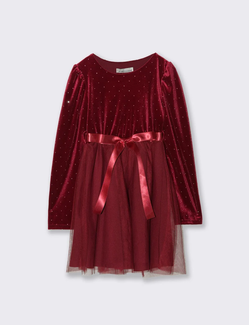 Abito in velluto con gonna in tulle. - Bordeaux