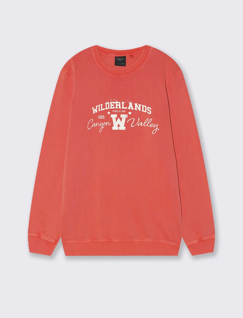 Felpa in cotone acid wash con stampa - Corallo