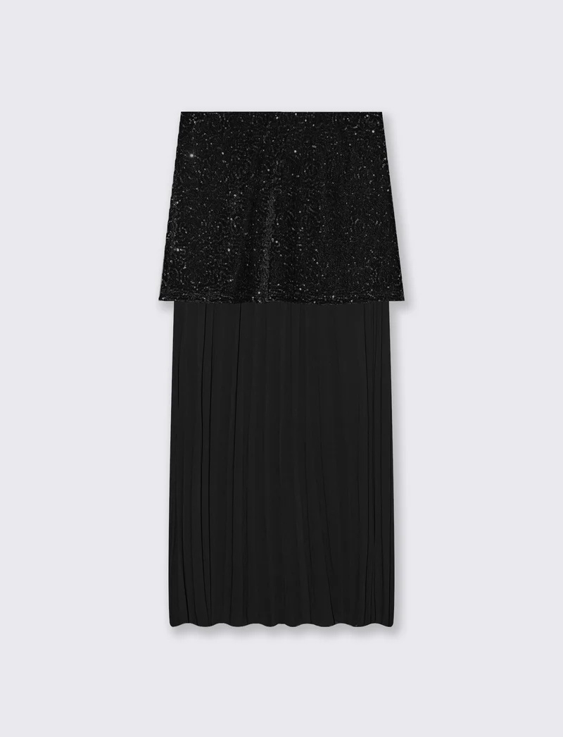 Gonna midi in paillettes e georgette - Nero