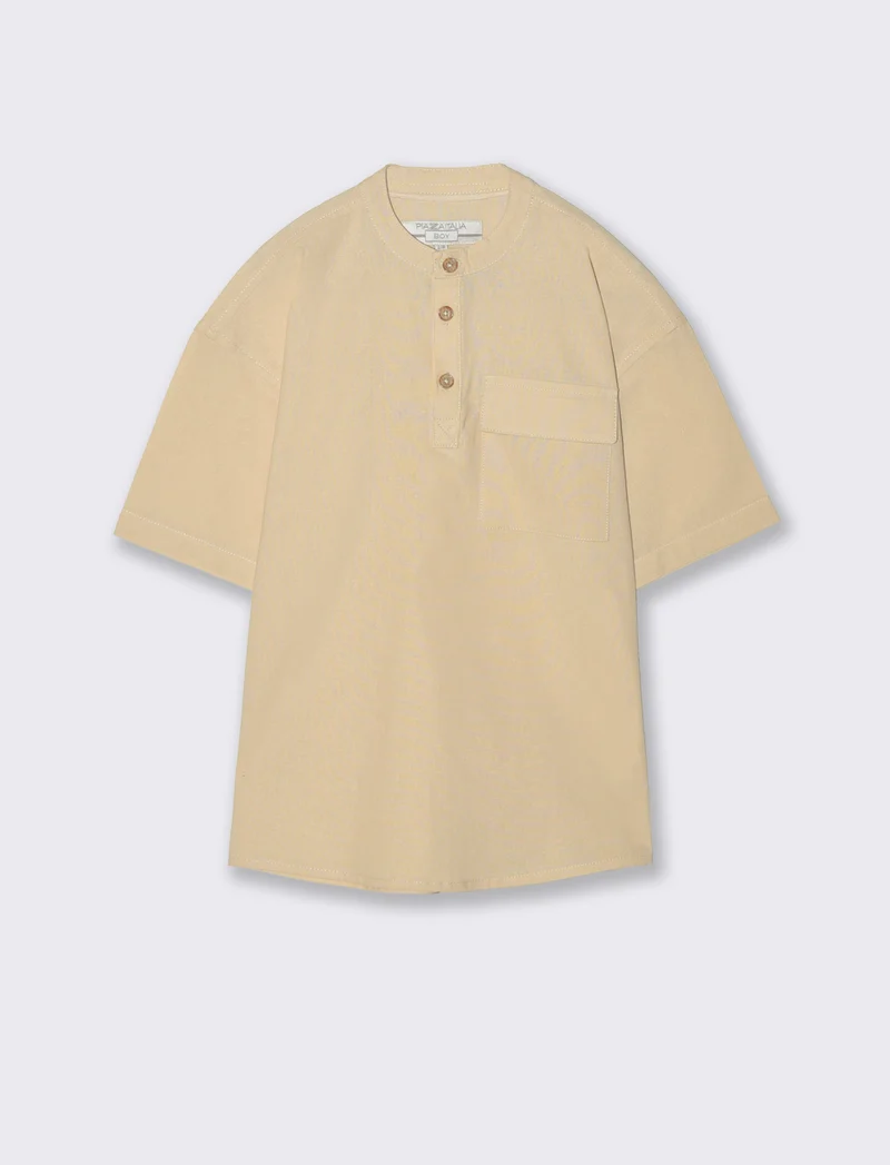 Camicia collo coreana in misto lino - Sabbia