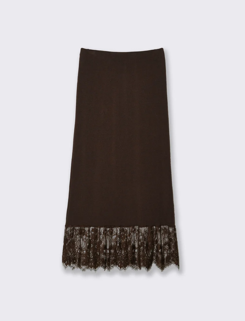 Gonna lunga in maglia con pizzo al fondo - Moro