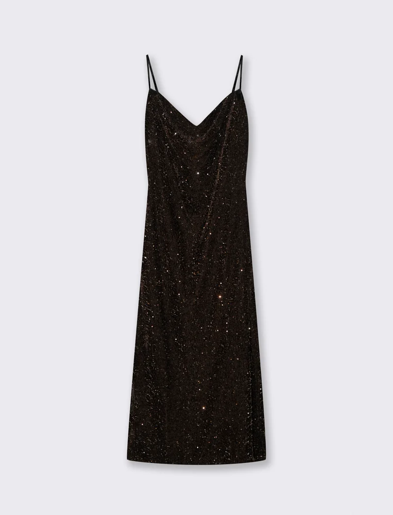 Vestito lungo in paillettes con bretelline - Moro
