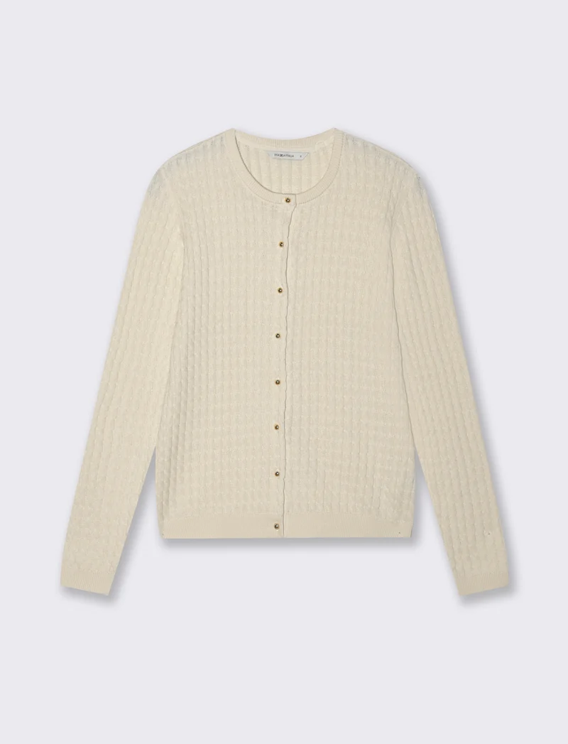 Cardigan a Treccia con Bottoni e Maniche Lunghe - Avorio