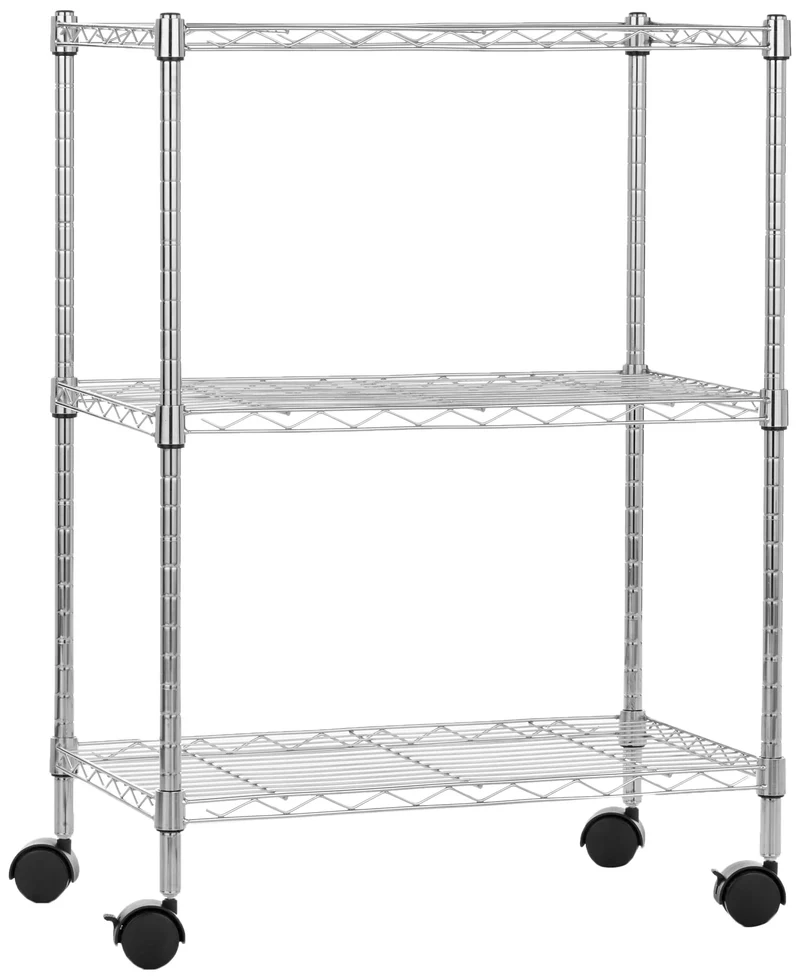 Amazon Basics - Scaffalatura a 3 ripiani stretti, su rotelle, Cromo, 34.04D x 58.93W x 83.18H cm