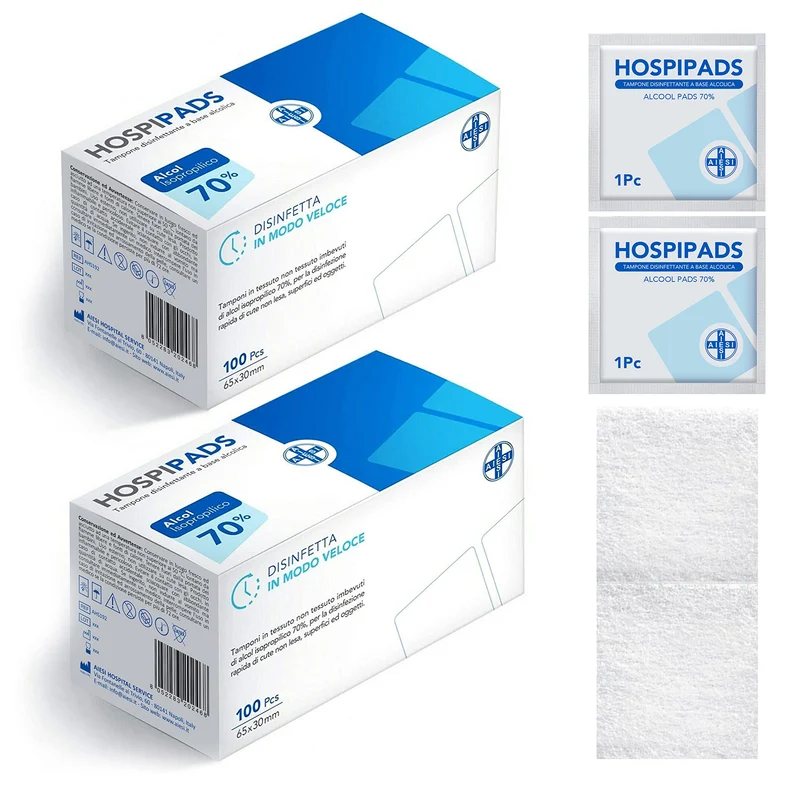 AIESI® Tamponi salviette disinfettanti a base di alcool isopropilico 70% dimensioni 65x30 mm confezionati singolarmente HOSPIPADS (Confezione da 200 pezzi)