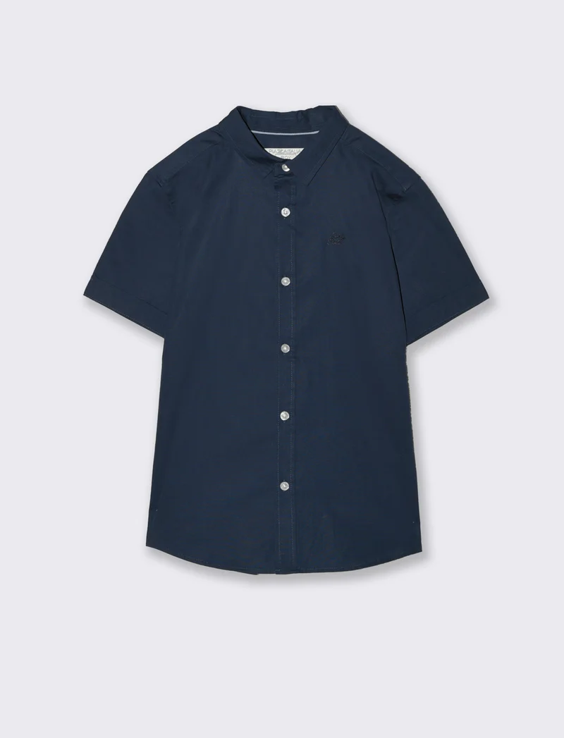 Camicia mezza manica tinta unita con ricamo - Blu