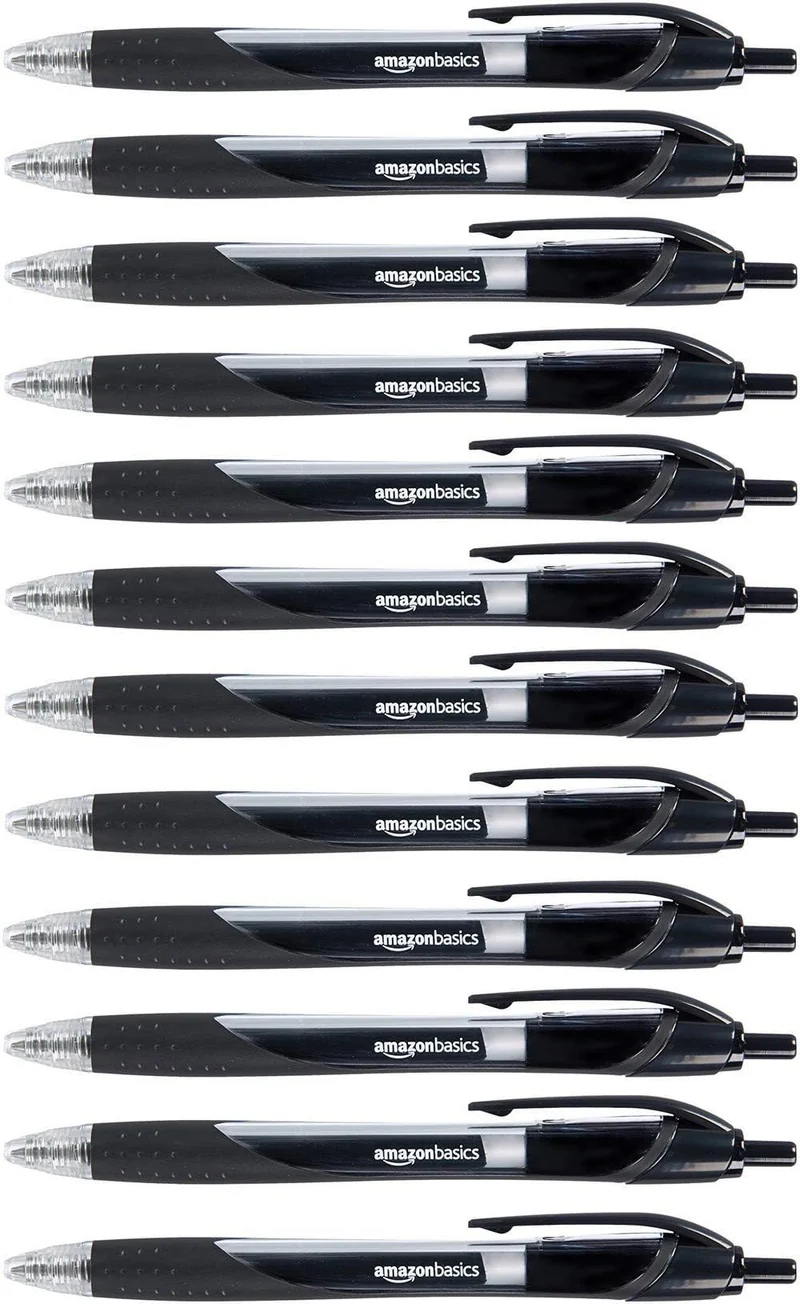 Amazon Basics Penne a scatto con inchiostro gel nero, punta fine, confezione da 12, Black