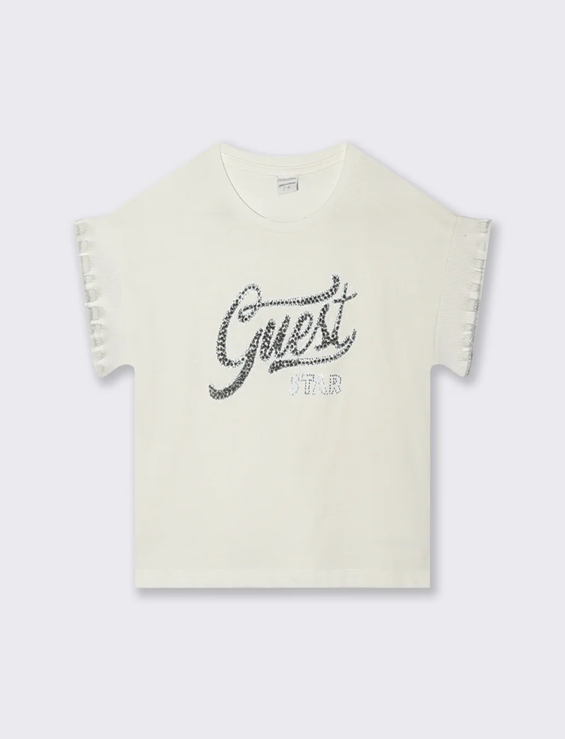 T-shirt cotone con maniche in costina e strass - Bianco latte