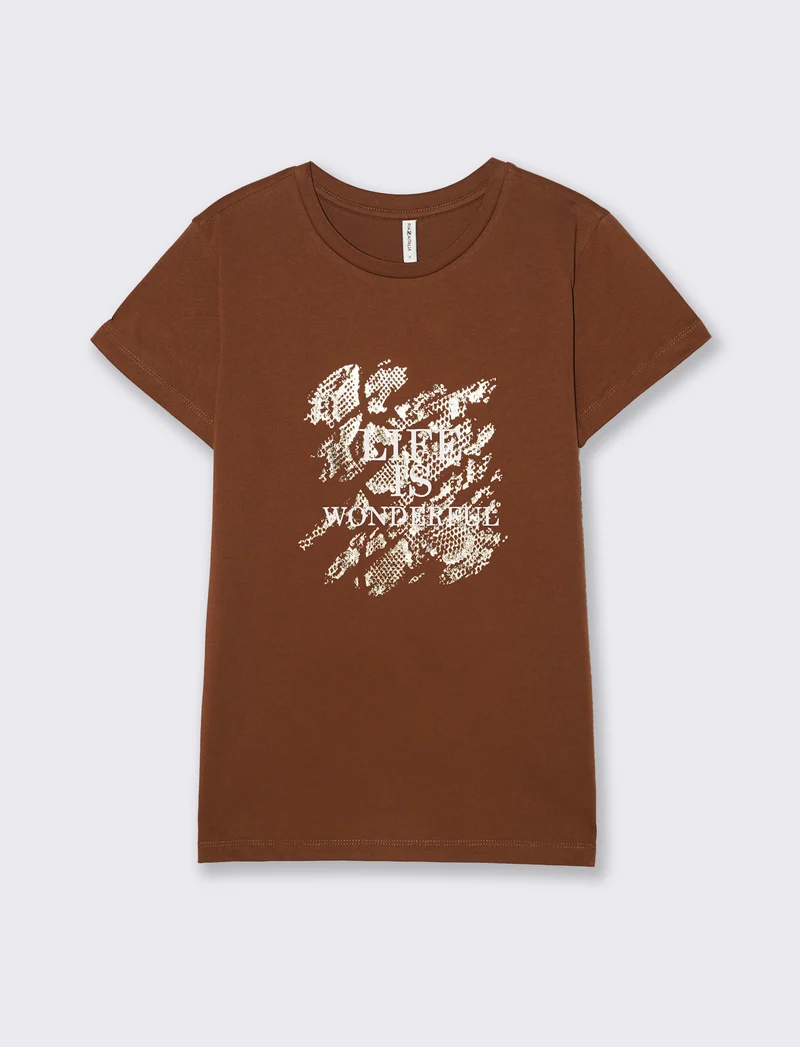 T-Shirt Manica Corta con Stampa - Marrone tabacco