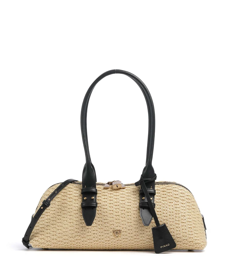 Pinko Bowling Horizontal Big Borsa a mano raffia/bianco/antique gold