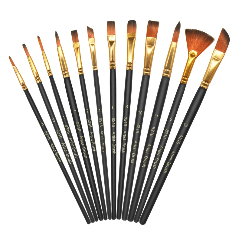 12 Pennelli per Dipingere,Set Pennelli Pittura in Nylon Art,Pennello Fine Pittura Penne a Punta Liscia,Corpo Penna in Legno Adatto per Vernici Acriliche, Acquerelli, Oli e Guachi