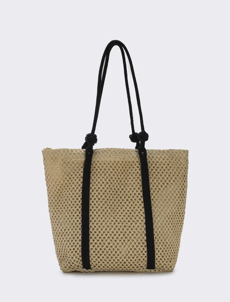 Borsa shopper in paglia con manico in corda - Bianco natural