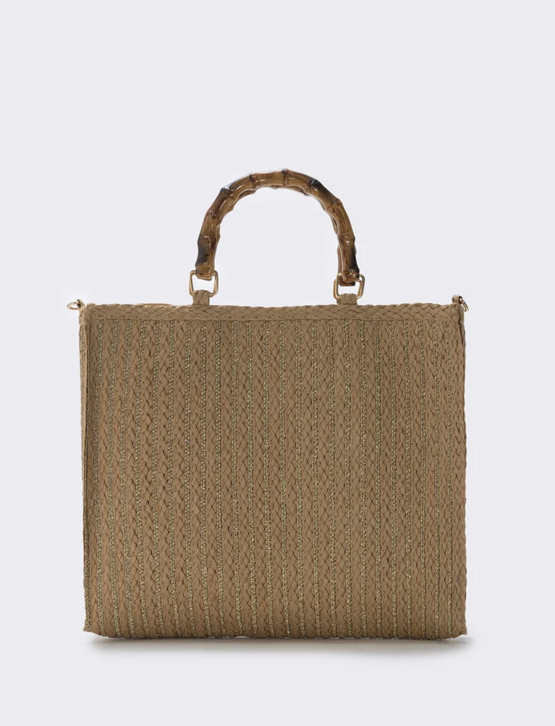 Borse in paglia lurex con manico bamboo - Bianco natural
