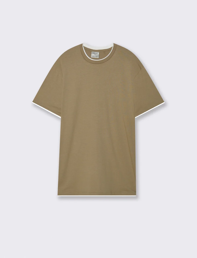 T-shirt cotone con orli a contrasto - Verde kaki