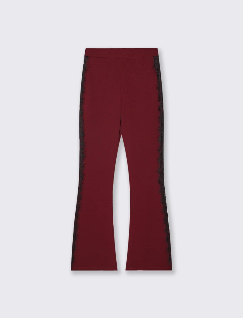 Pantalone a zampa con inserti laterali in pizzo - Bordeaux