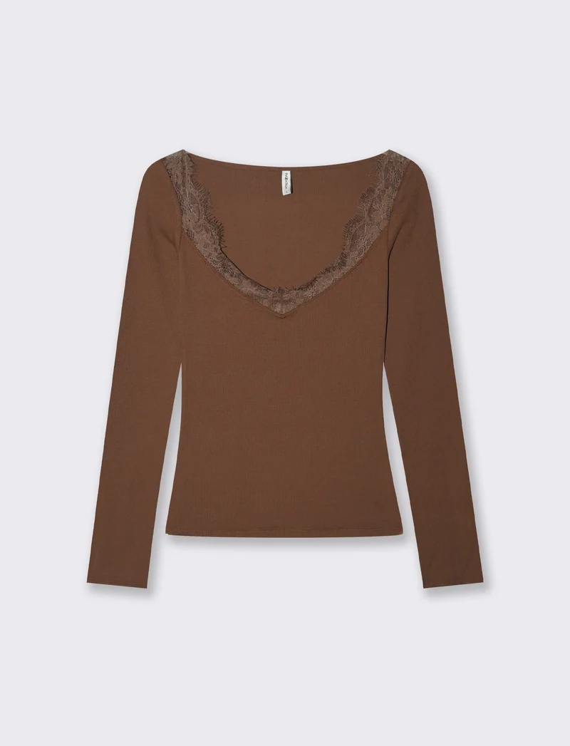T-shirt con pizzo e scollo a V lungo - Marrone