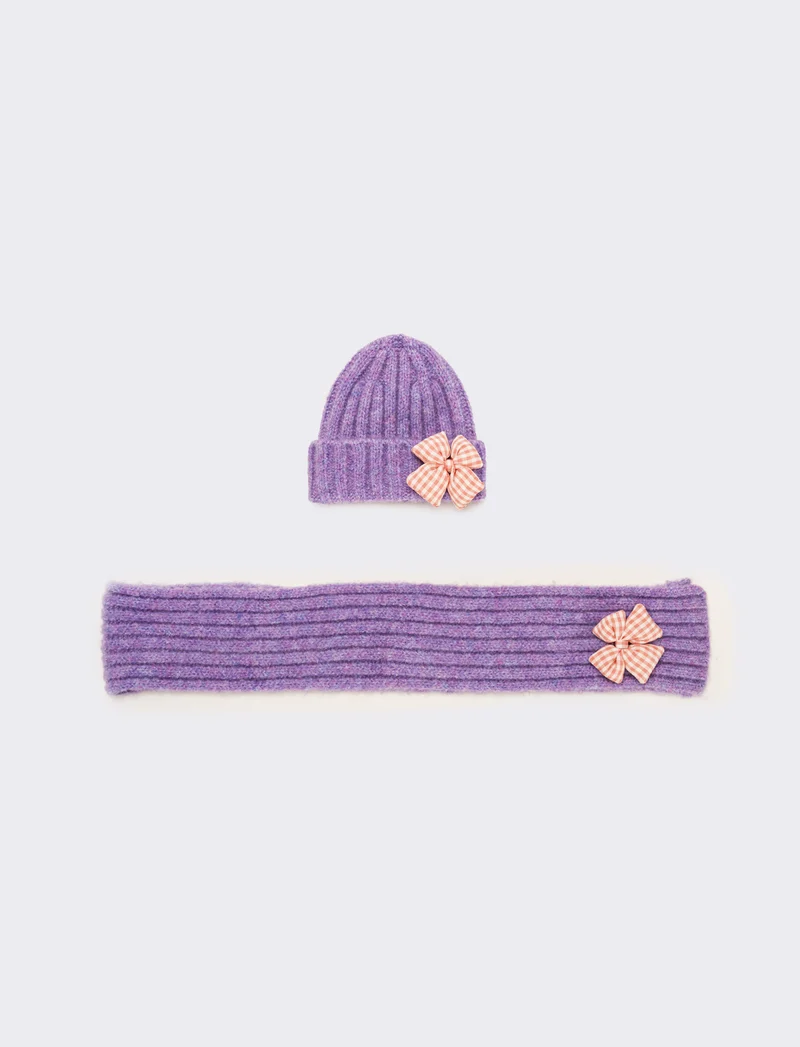 Set cappello e sciarpa con fiocco vichy - Lilla