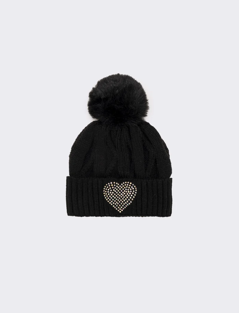 Cappello con pon pon e borchie - Nero