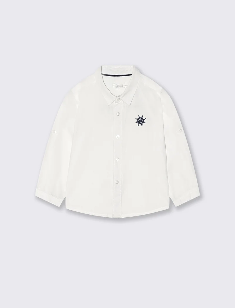 Camicia manica lunga con ricamo al petto - Bianco