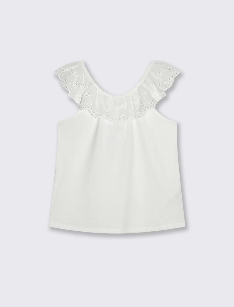 Top in jersey con rouches ricamate - Bianco