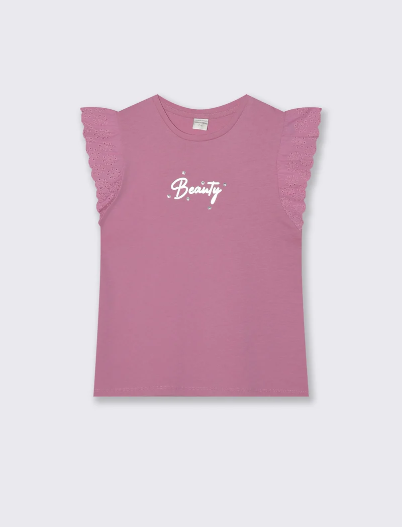 T-shirt estiva bambina con volant e strass - Rosa candy