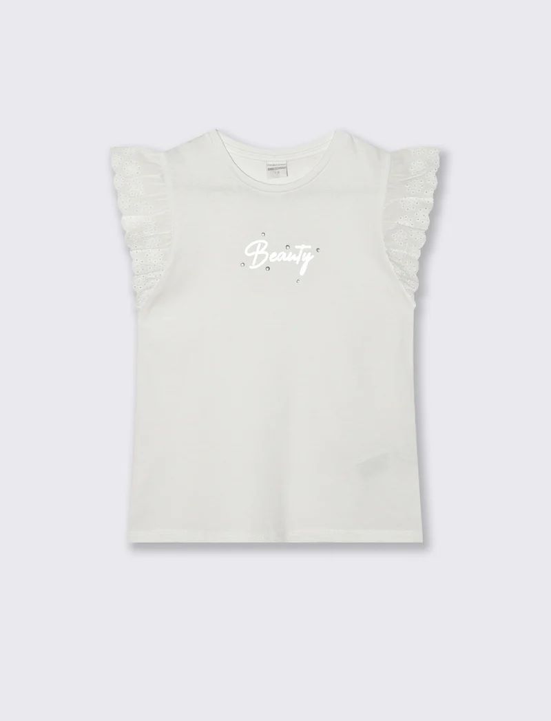 T-shirt estiva bambina con volant e strass - Bianco