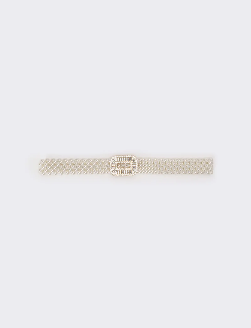 Cintura donna con perle e fibbia strass - Argento