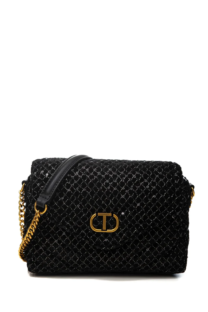 Borsa Twinset Dreamy Sh Flap Da Donna Nera Lurex Oro In Velluto