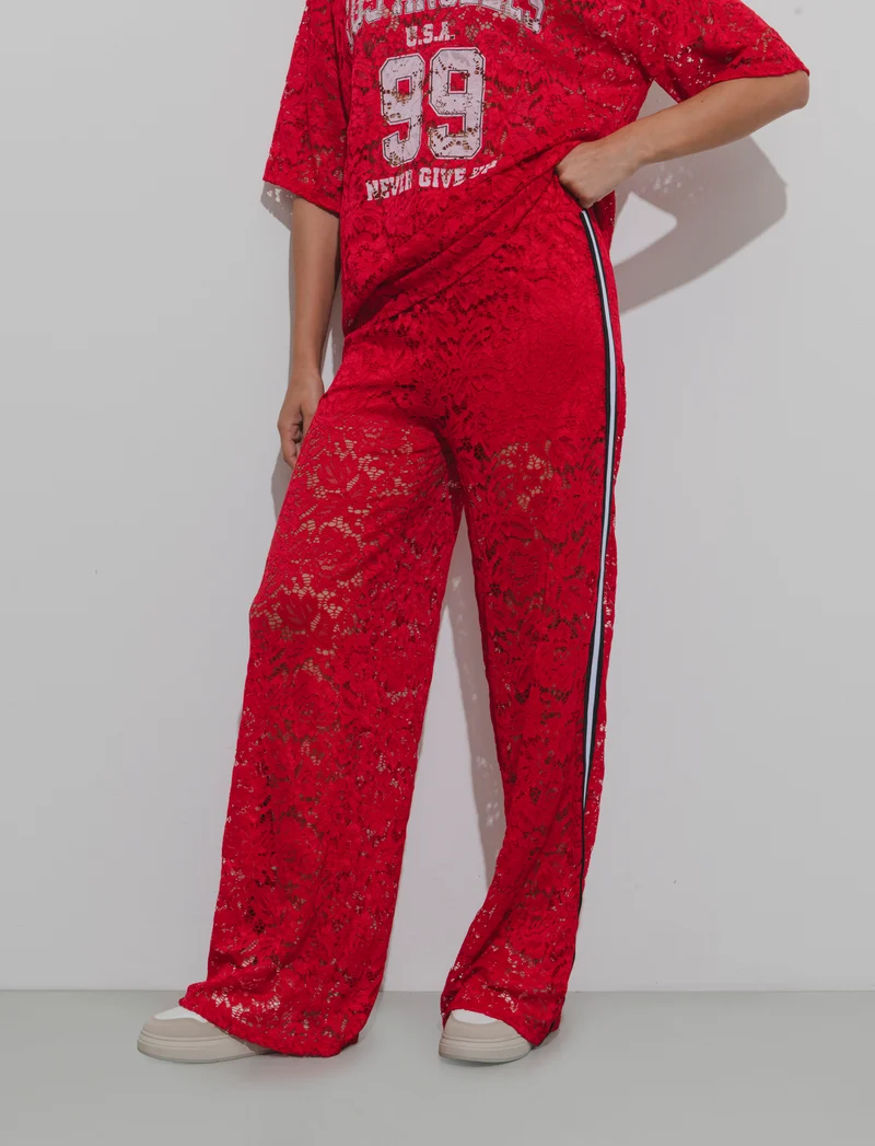 Pantalone in pizzo con bande laterali - Rosso