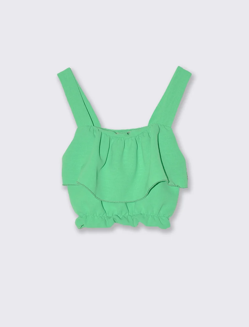 Top corto con balza in tessuto leggero. - Verde