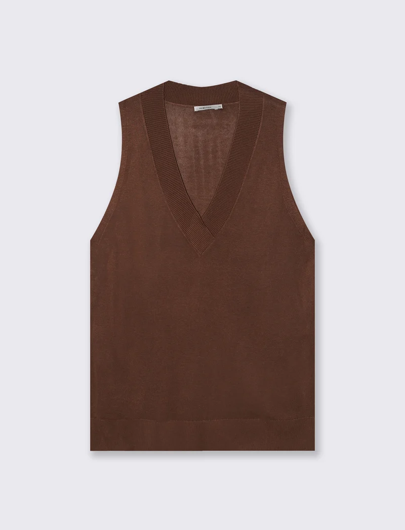 Gilet lungo con scollo a V e spacchi laterali - Marrone