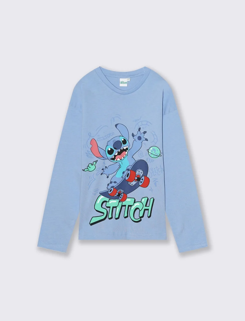 T-SHIRT GIRO COLLO STITCH - Azzurro