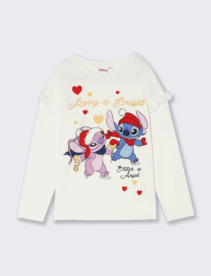 T-shirt manica lunga con stampa natalizia Stitch - Bianco