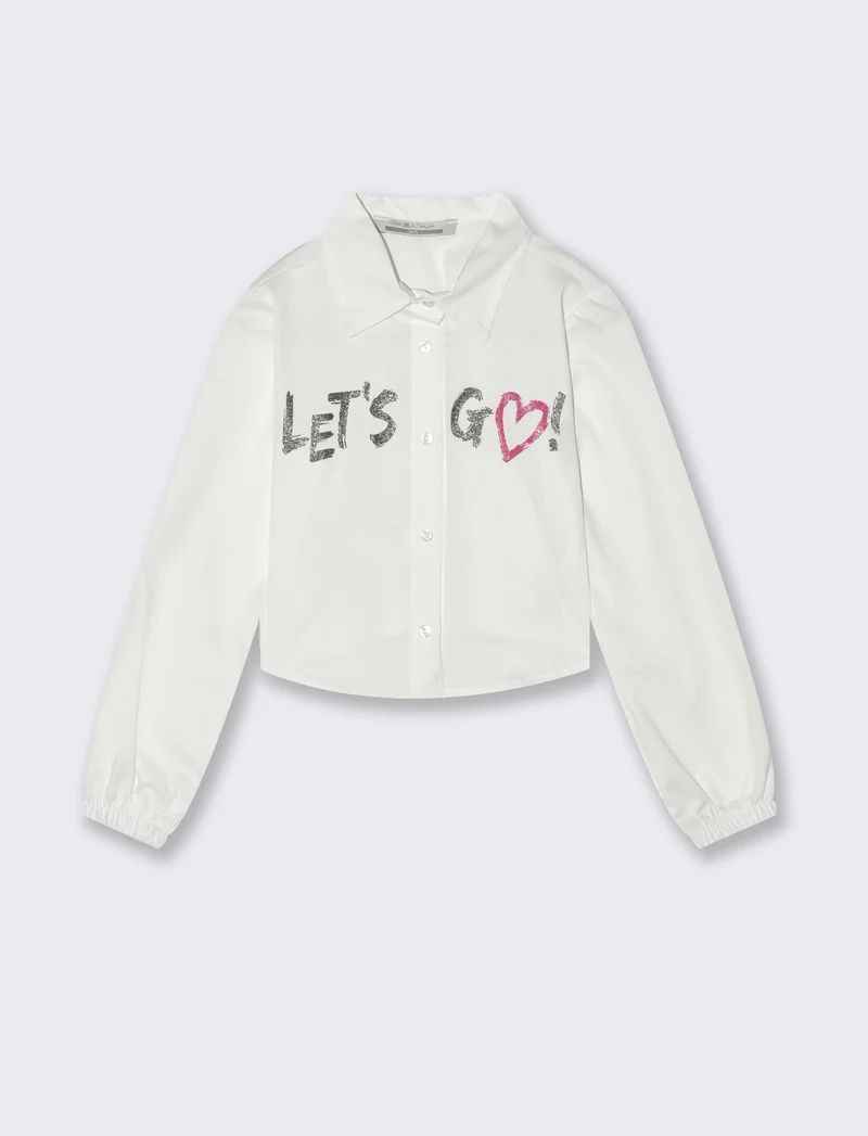 Camicia manica lunga cropped da bambina con stampa brillante. - Bianco
