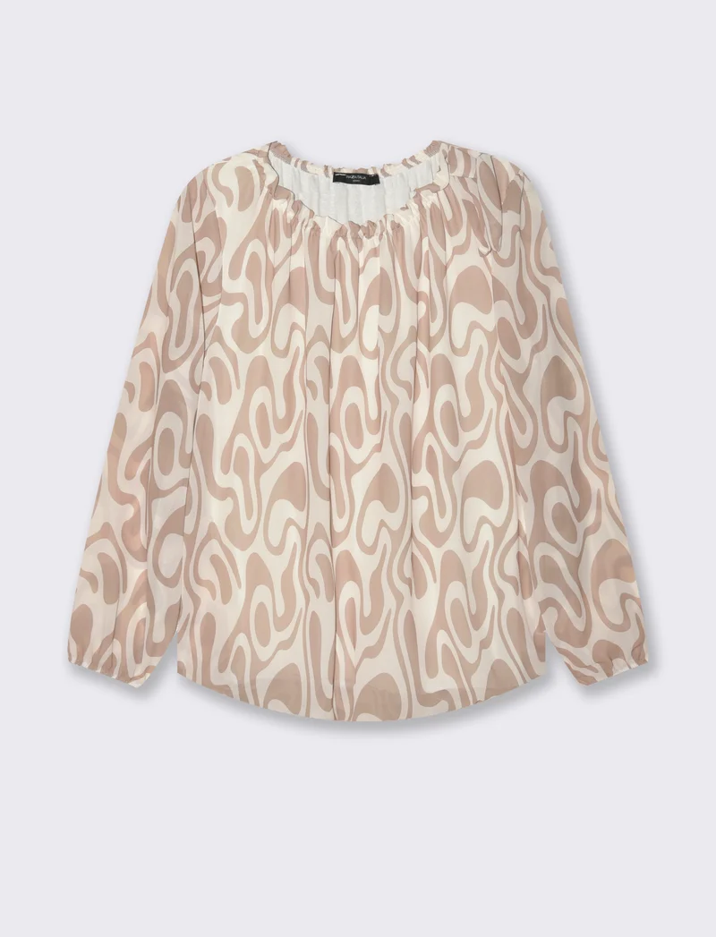 Blusa ampia in tessuto leggero con stampa e fiocco su una spalla. - Cammello