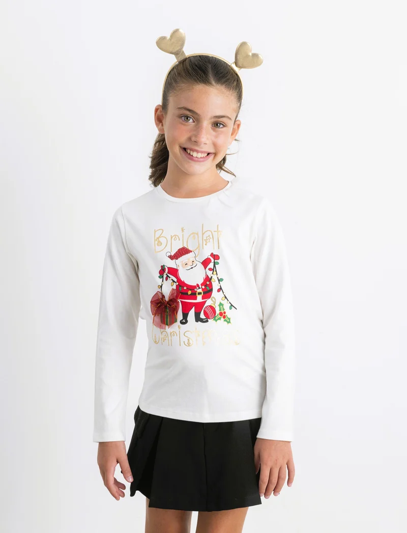T-shirt natalizia a manica lunga. - Bianco latte