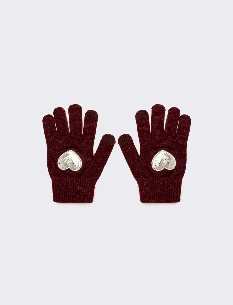 Guanti bambina con cuore paillettes - Bordeaux