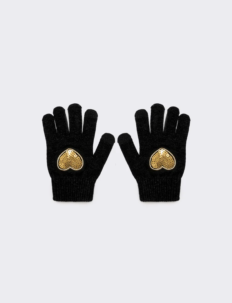 Guanti bambina con cuore paillettes - Nero