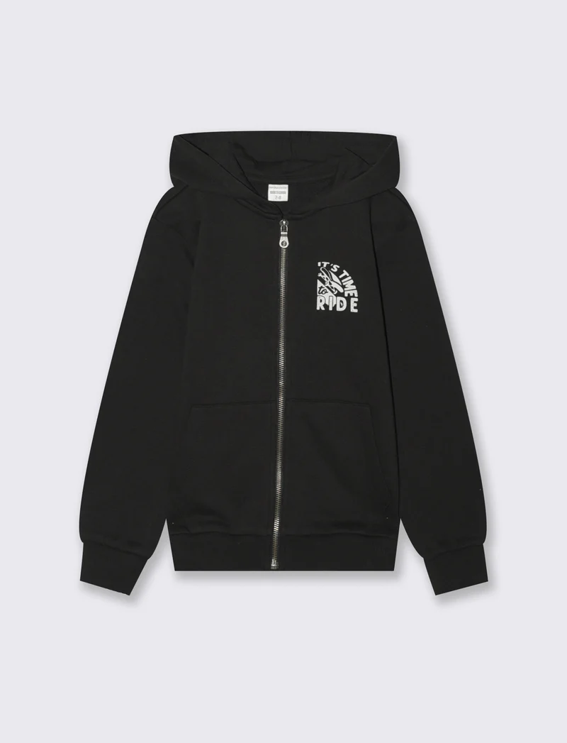 Felpa full zip con cappuccio. - Nero