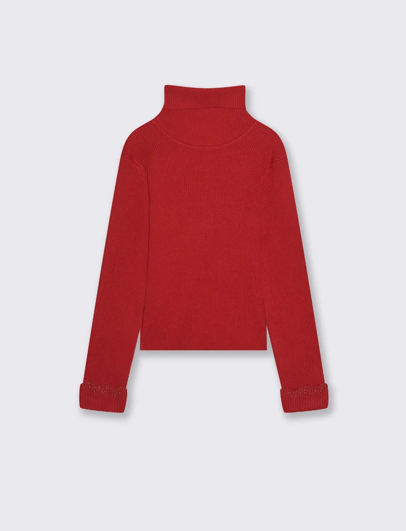 Maglia collo alto con dettaglio in fibra metallizzata al polsino. - Rosso